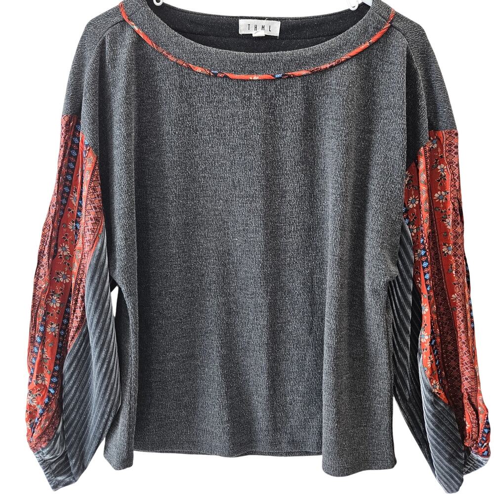 THML Gray Rust Blue Floral Multi Textured Long Puff Sleeves Size M Boho Hippie
